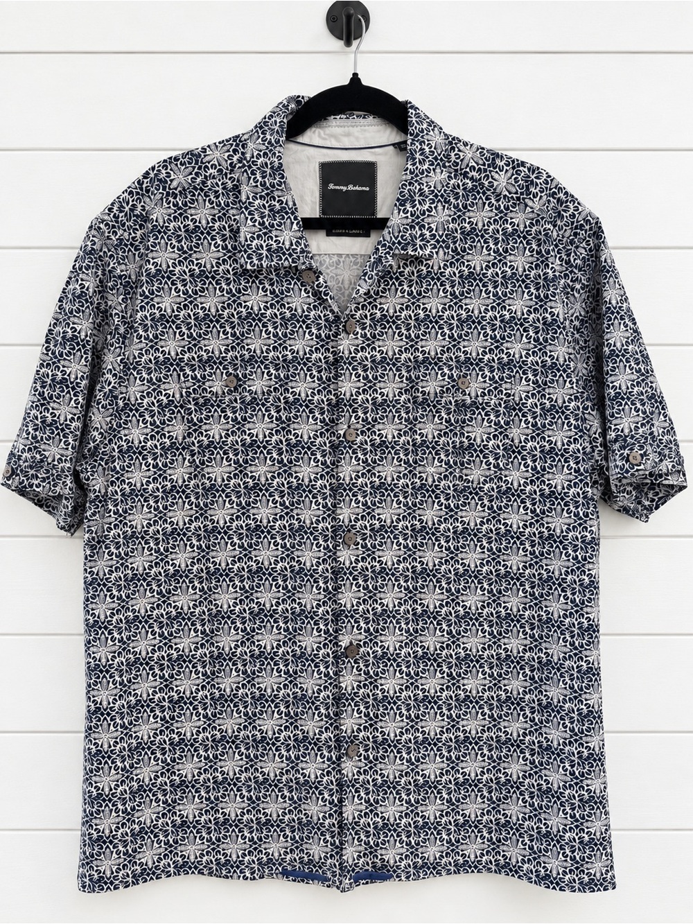 Tommy Bahama Navy and White Geometric Print Short-Sleeve Button-Down Shirt